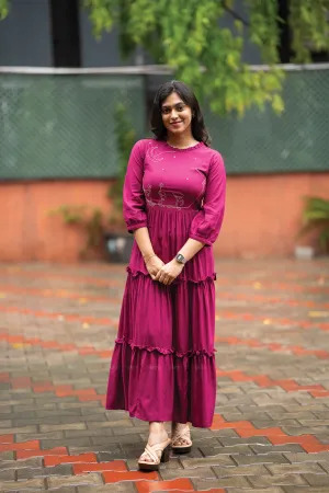 Side-Pocket Moonlit Swans Violet Viscose Dress with Frill Neck & Embroidered Yoke