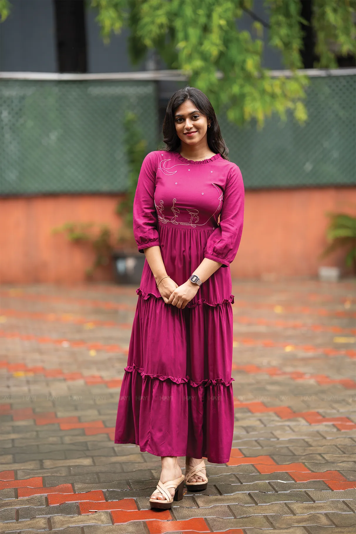 Golden Scene Moonlit Swans Violet Viscose Dress with Frill Neck & Embroidered Yoke