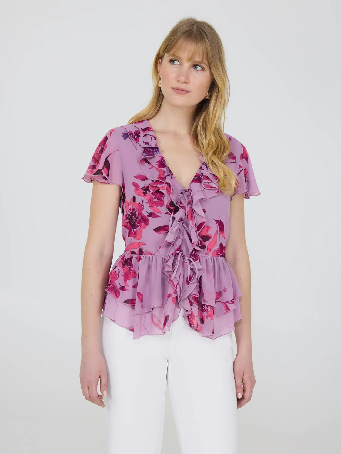 Floral Flutter Sleeve Tie-Front Blouse Relaxing Wear AirflowOptimized
