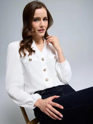 Split Neck Button-Front Blouse All-Occasion