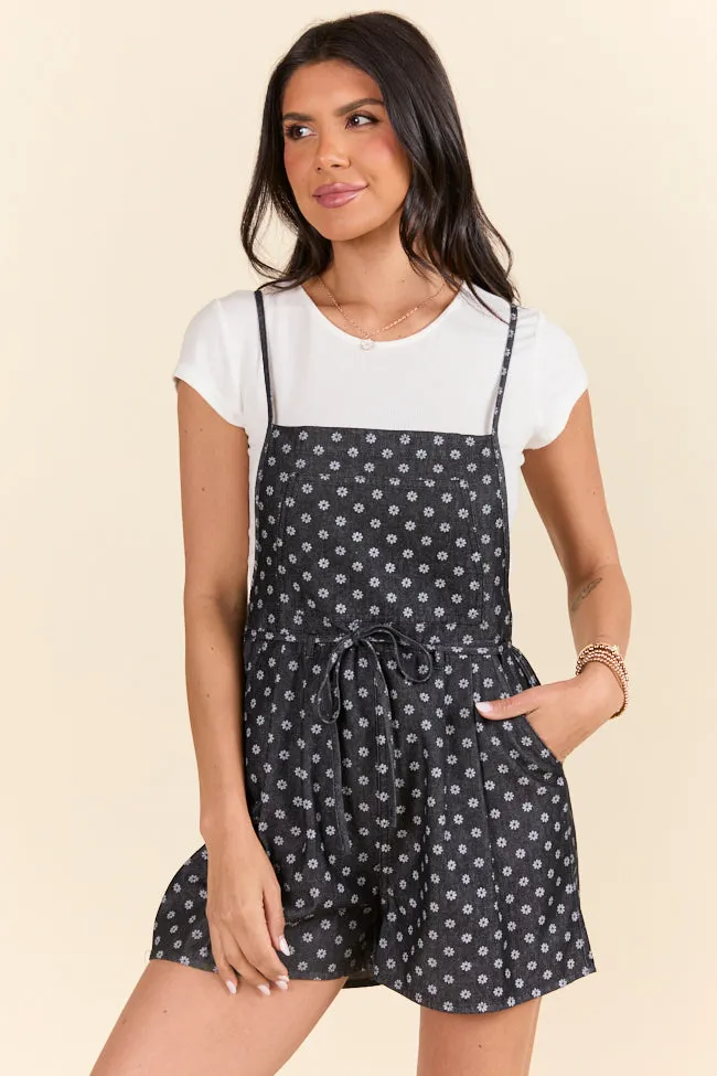 Art Glow Better Perspective Black Floral Denim Romper SALE