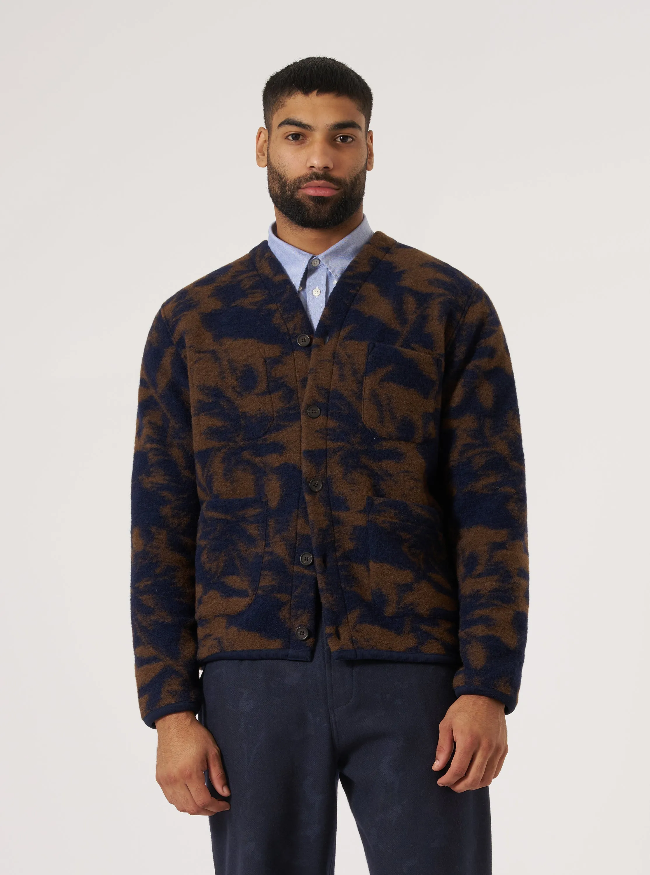 Casual Everyday Warm Comfort Navy/Brown Studio Fleece Cardigan