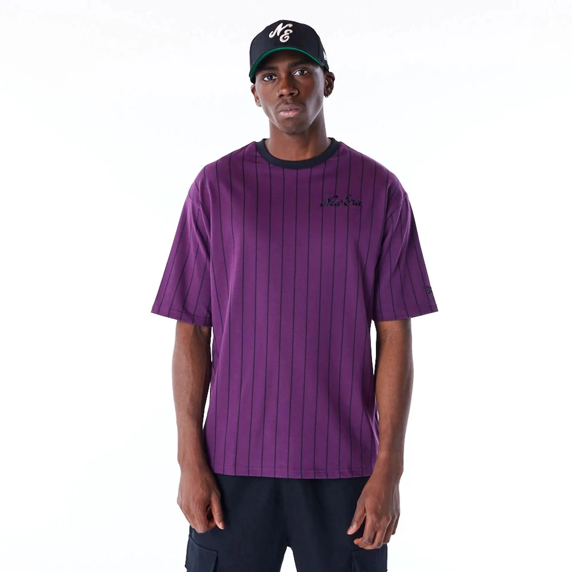 New Era Pinstripe Dark Purple Oversized T-Shirt Informal charm Sporty Style