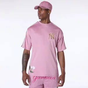 WrinkleResistant Texture Layered Hem Design New York Yankees MLB Floral Dark Pink Oversized T-Shirt