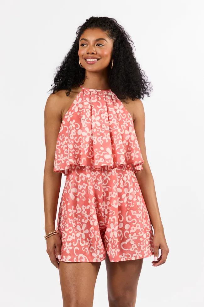 Urban Chic Low Maintenance Spotlight Moment Coral Print Halter Neck Romper FINAL SALE