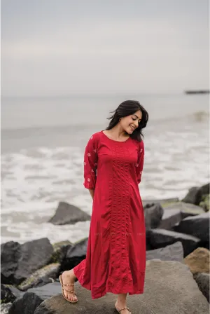 Lava Red with Lacey Daisy printed Viscose A-line Dress Charming Style Everyday Comfort