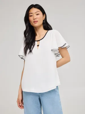 Contrast Piping Chiffon Top With Front Keyhole Model Glow