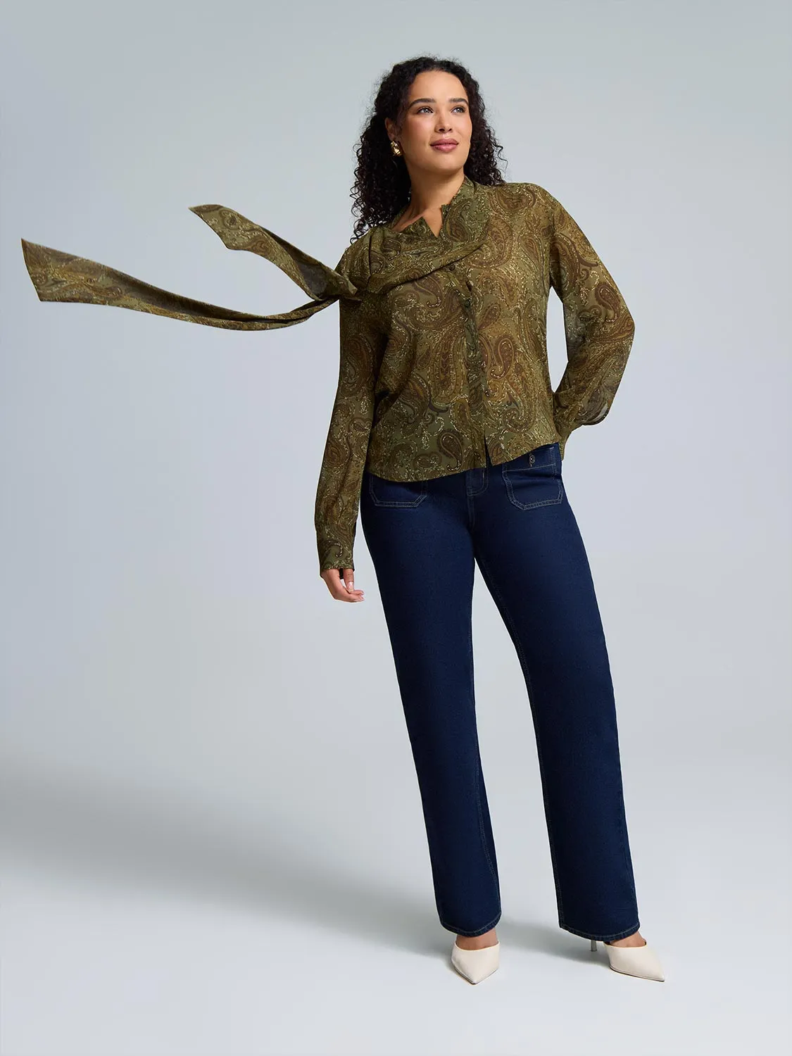 Desk Style Comfortable Jumpsuit Paisley Print Chiffon Blouse With Scarf