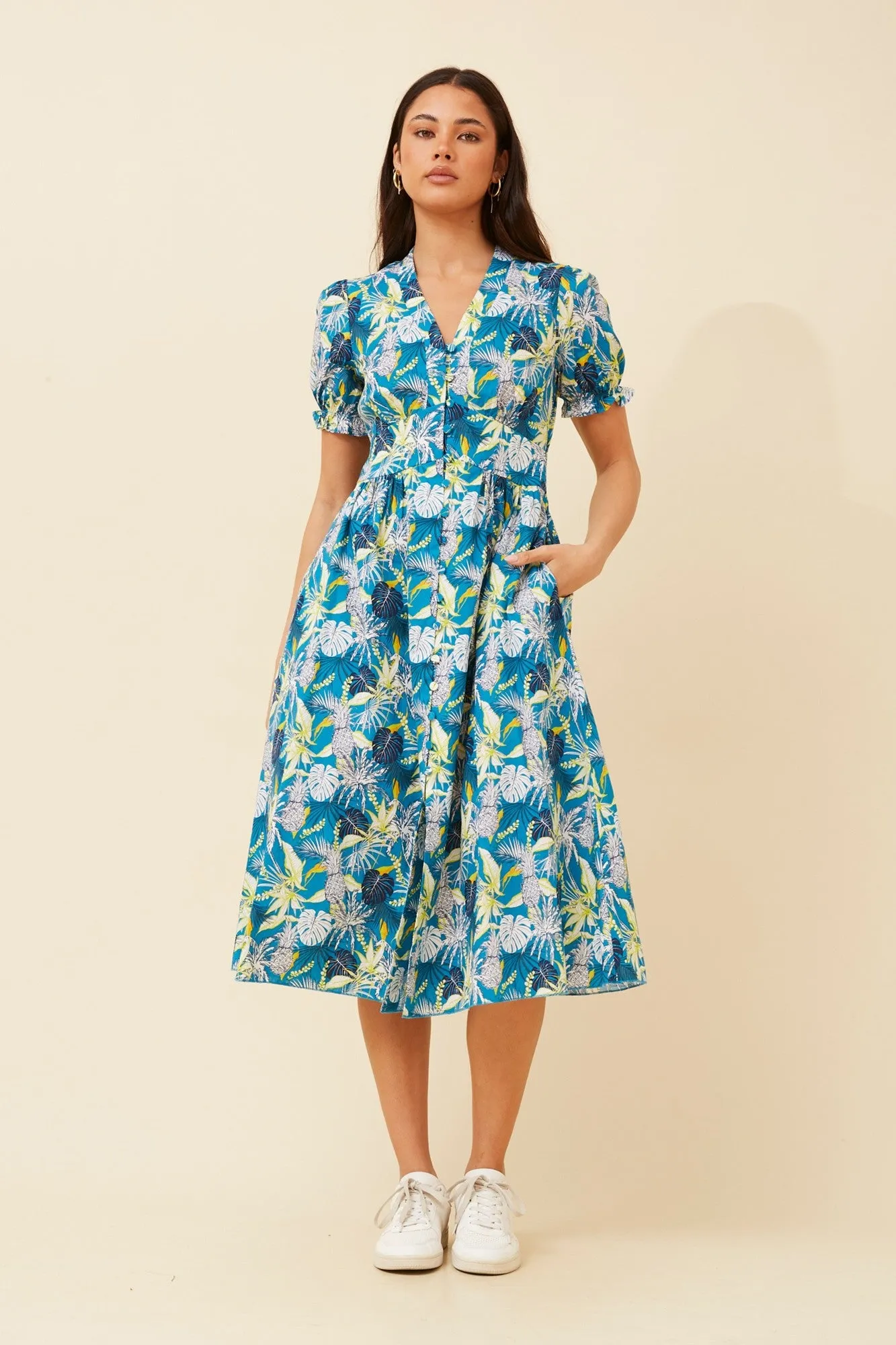 ORABELA TROPICAL PRINT MIDI DRESS Abrasion-resistant