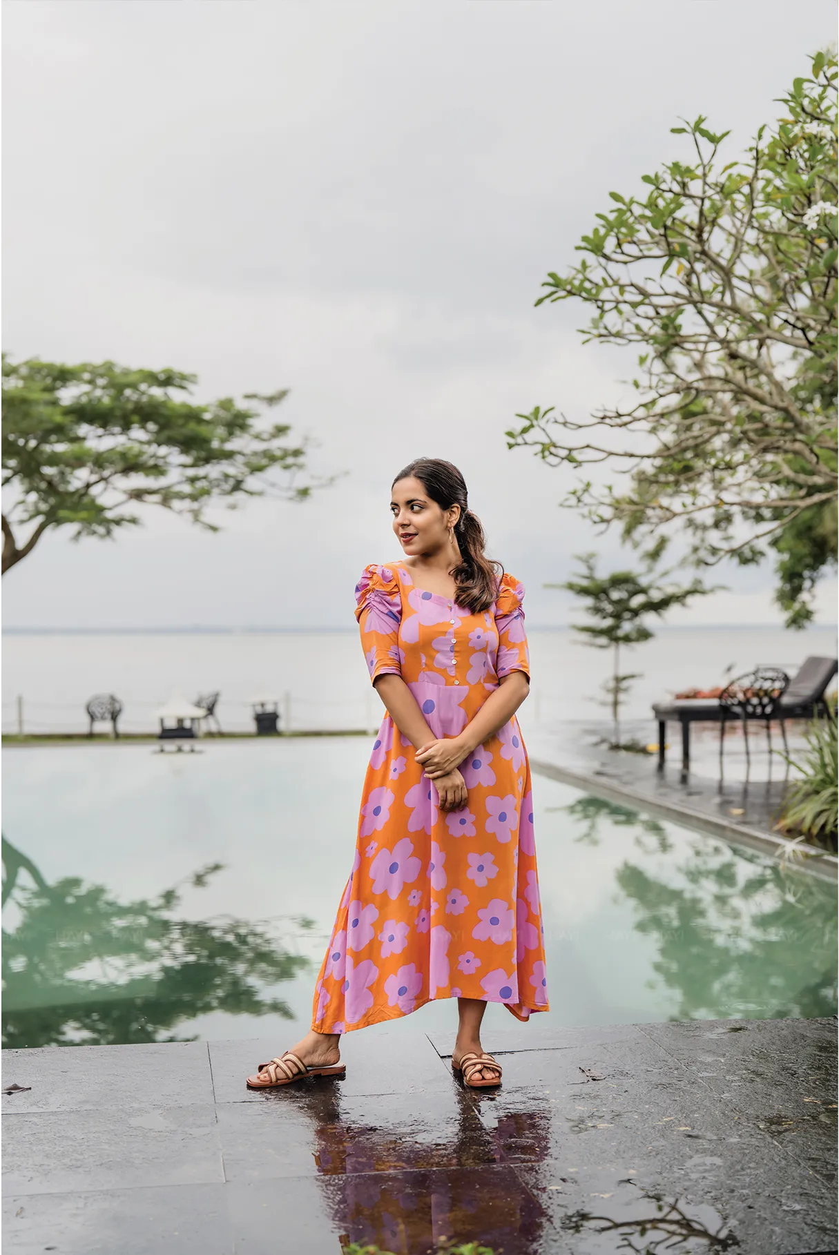 Event Mood Soft Hue Orange Floral Flair Viscose Dress with Sweetheart Neckline