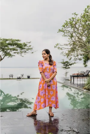 Event Mood Soft Hue Orange Floral Flair Viscose Dress with Sweetheart Neckline