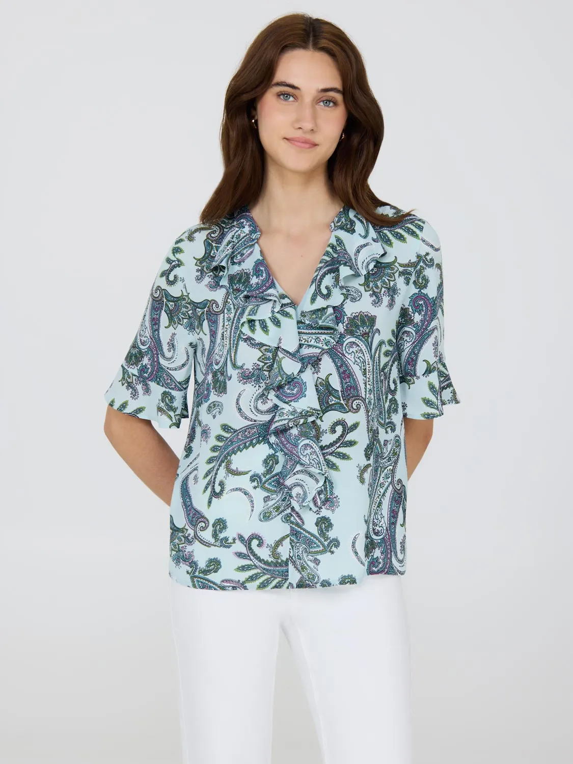 Noble Grace Paisley Print Split Neck Chiffon Blouse