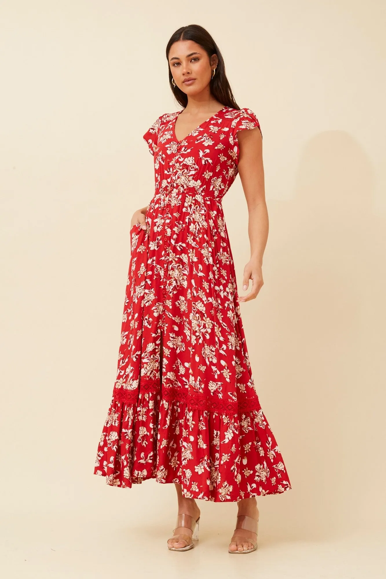 Striped-Pattern MOROCCO FLORAL MAXI DRESS