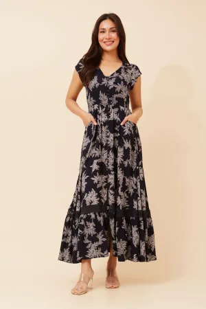 Clear Blush Button Accent MOROCCO LEAF PRINT MAXI DRESS