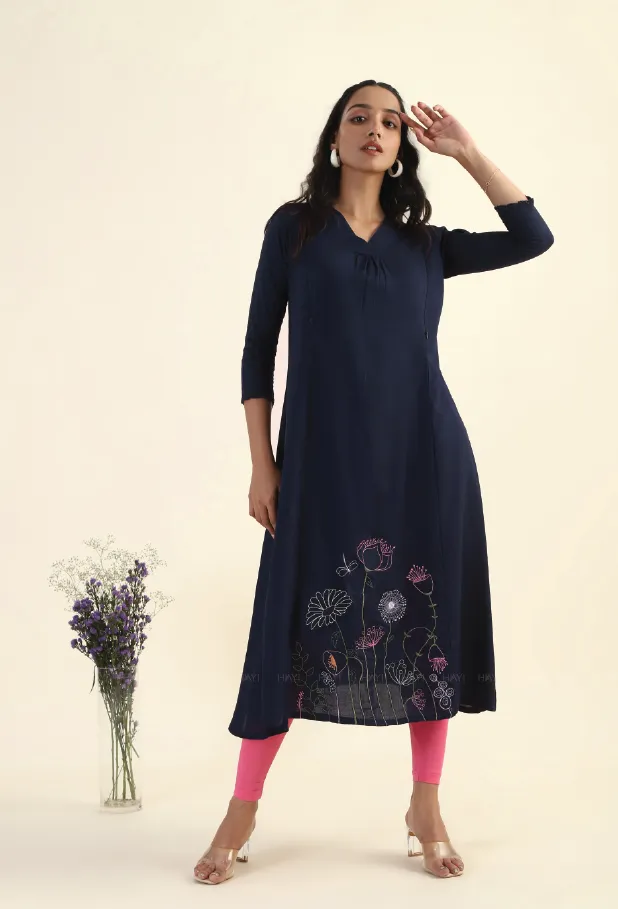 Navy Blue Enchanted Blooms with Embroidery Dress Gender Inclusive Sage Detail