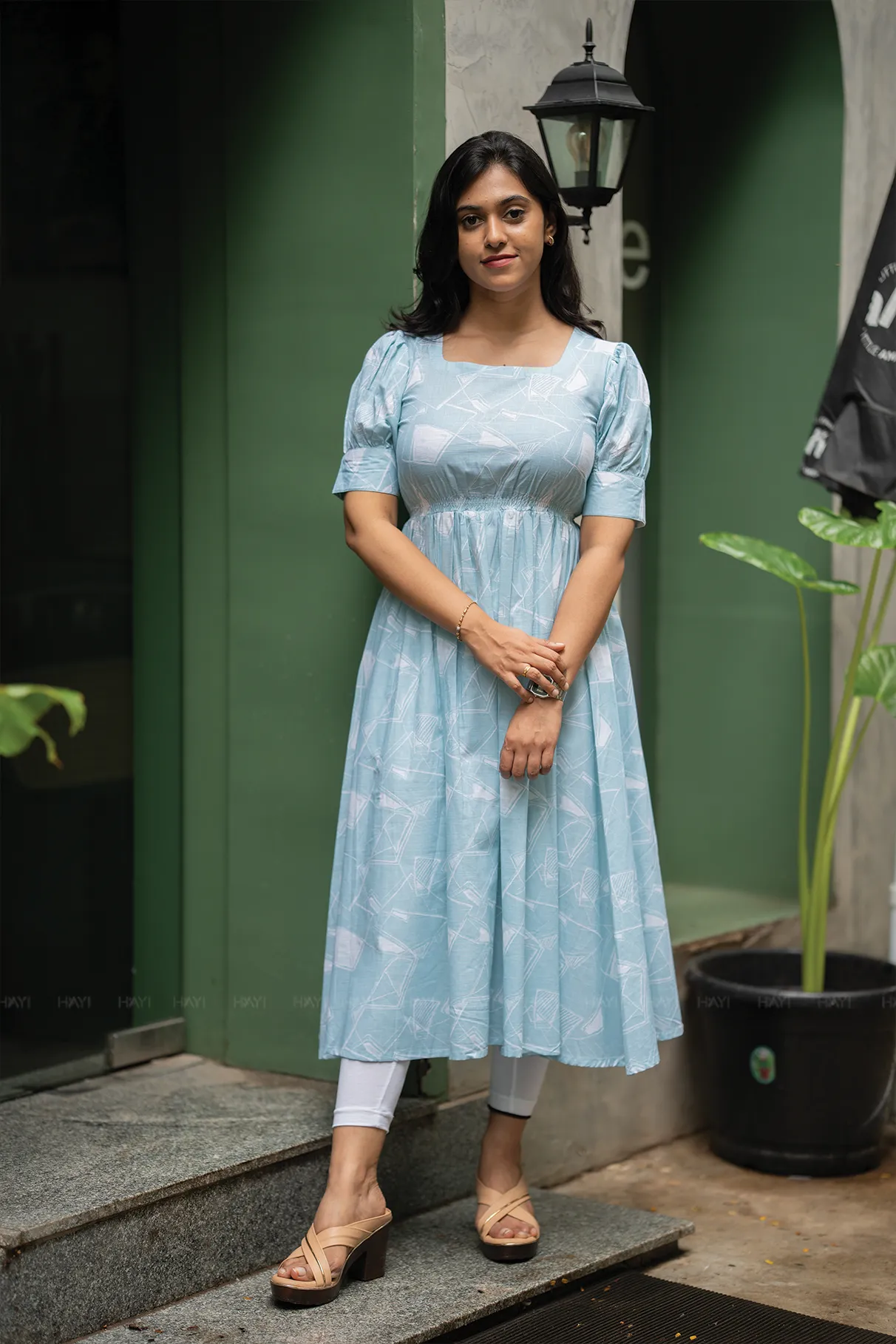 Petal Puff Blue Cotton Dress with Rounded Square Neck & Puff Elbow Sleeves Smart Layer Wear Hip-Flattering