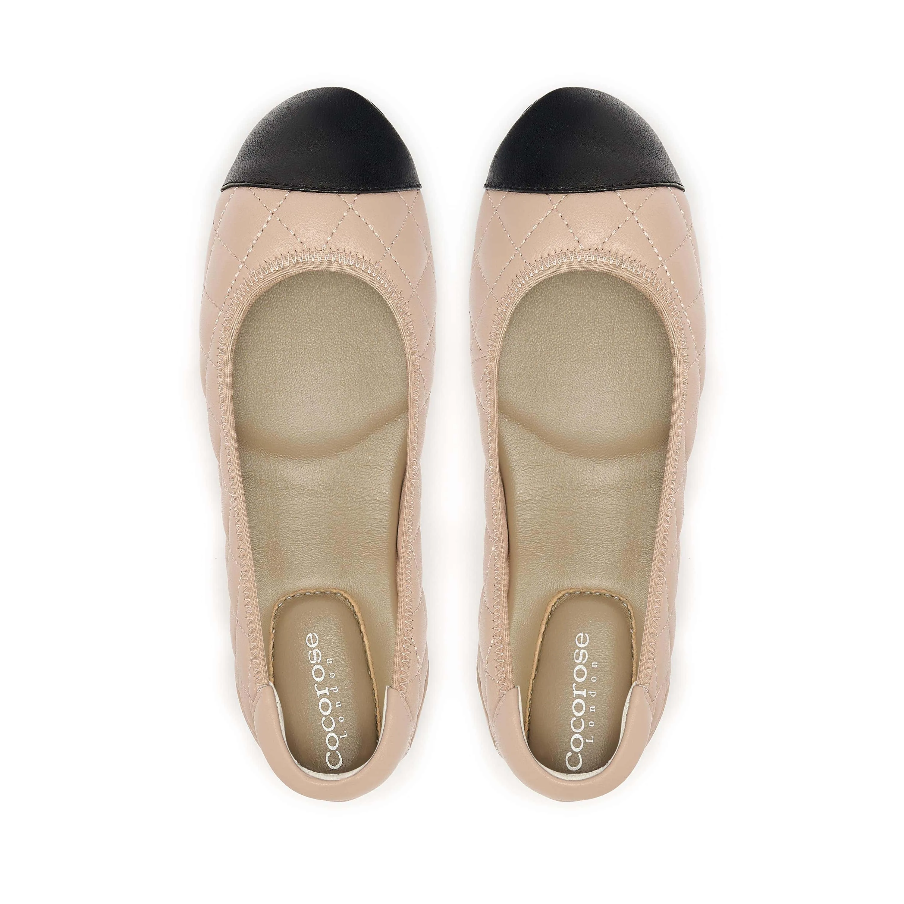 Open Toe Piccadilly - Quilted Nude Ballet Flat with Black Toe Cap