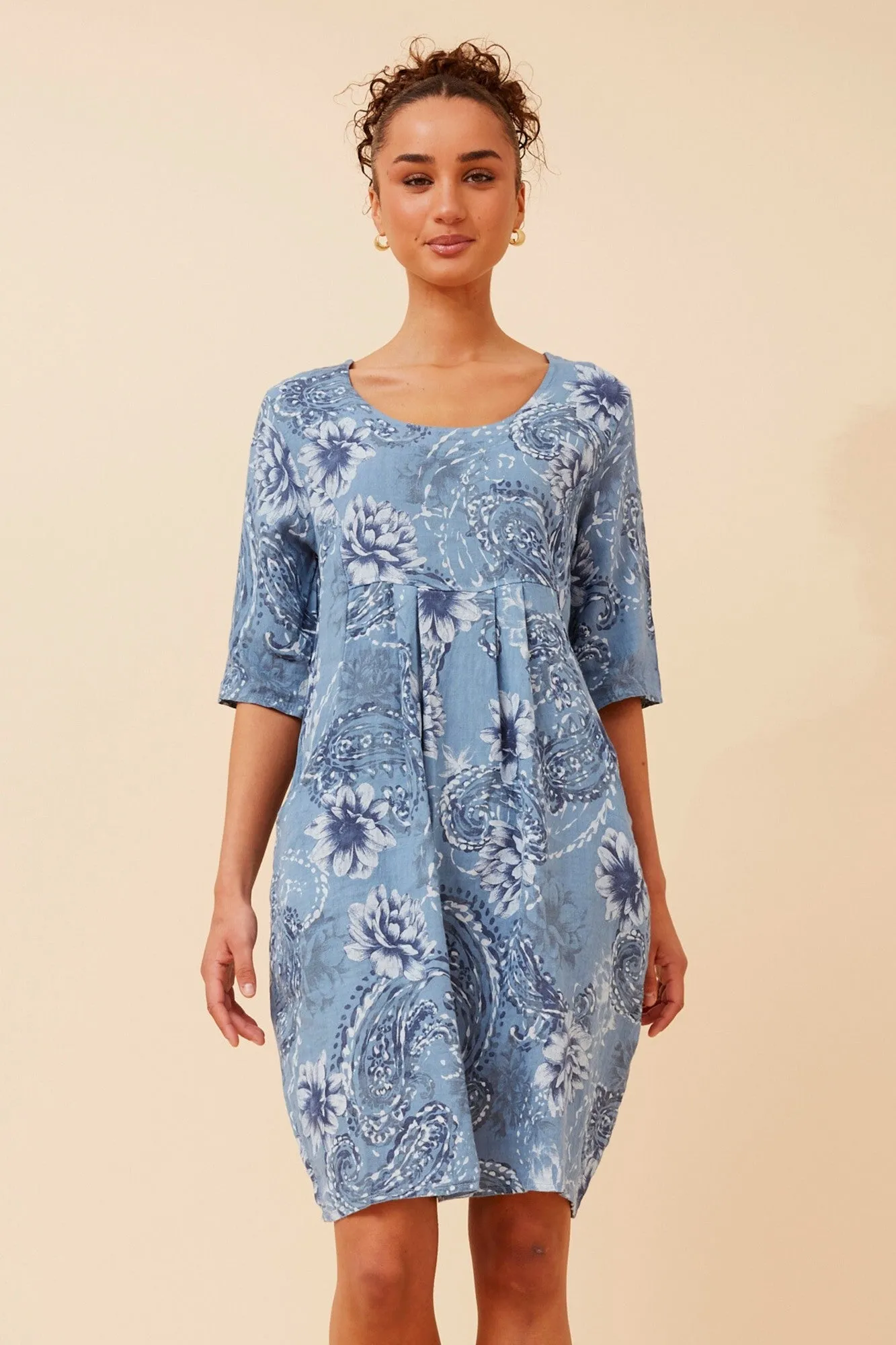 PISA PAISLEY PRINT LINEN DRESS Piped-Edge UVProtectiveLayer