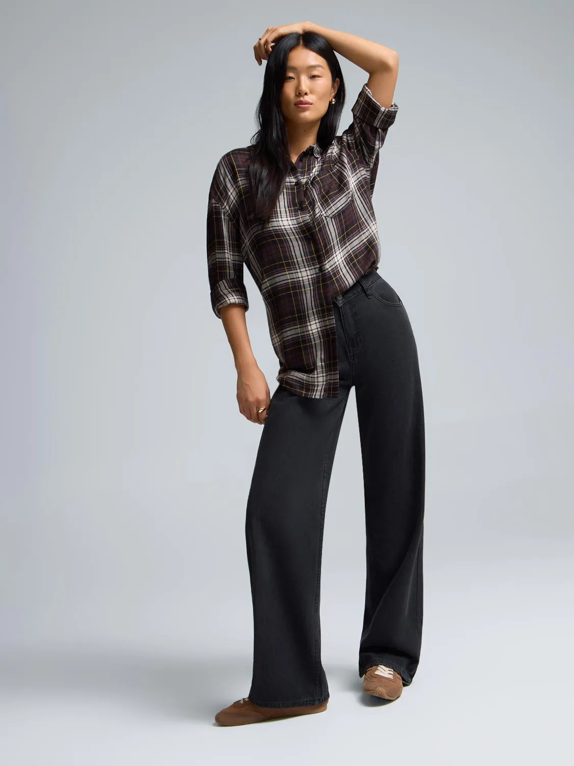 EcoFriendlyDyeProcess HighVisibility Trim Plaid Button-Front Blouse