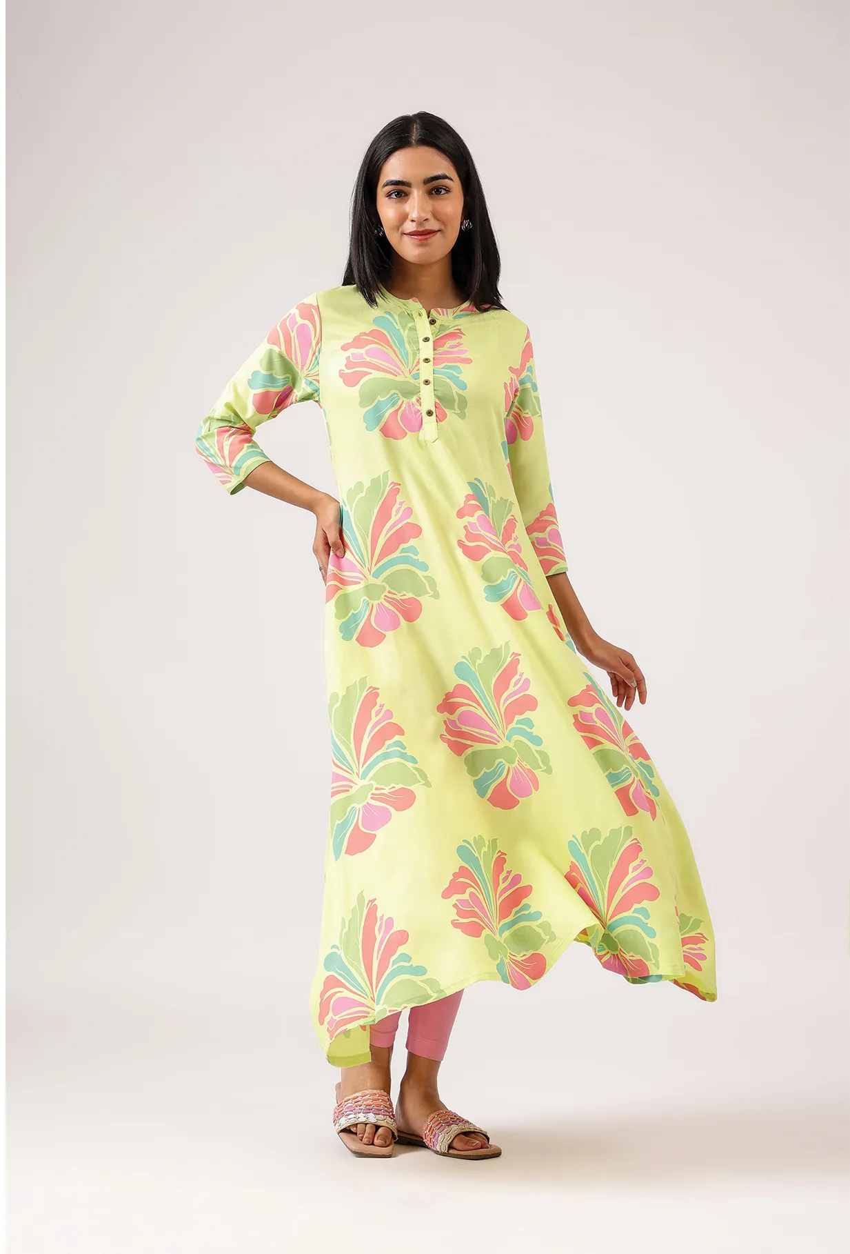 Night Out Gentle Lime with Blush Breeze printed Viscose A-line Dress