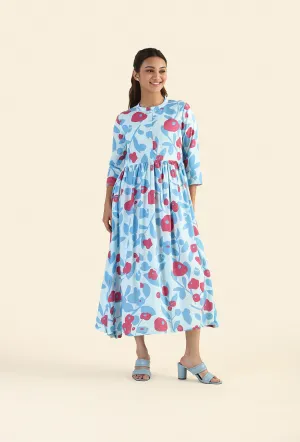 Shuttered Blue Fragmented Flowers Printed Viscose Dress Smart Edge Subtle Lines