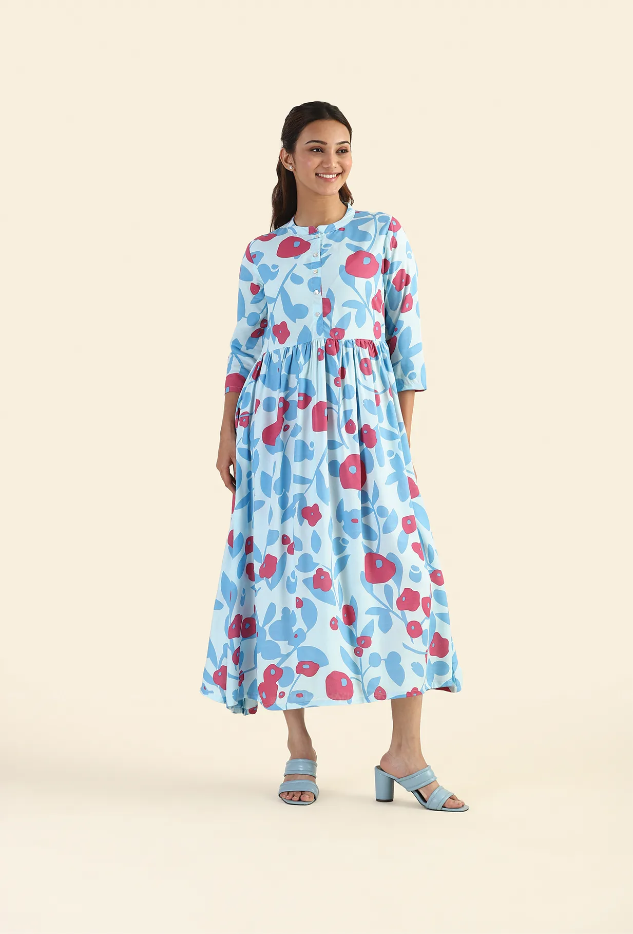 Shuttered Blue Fragmented Flowers Printed Viscose Dress All Time Gentle Shine