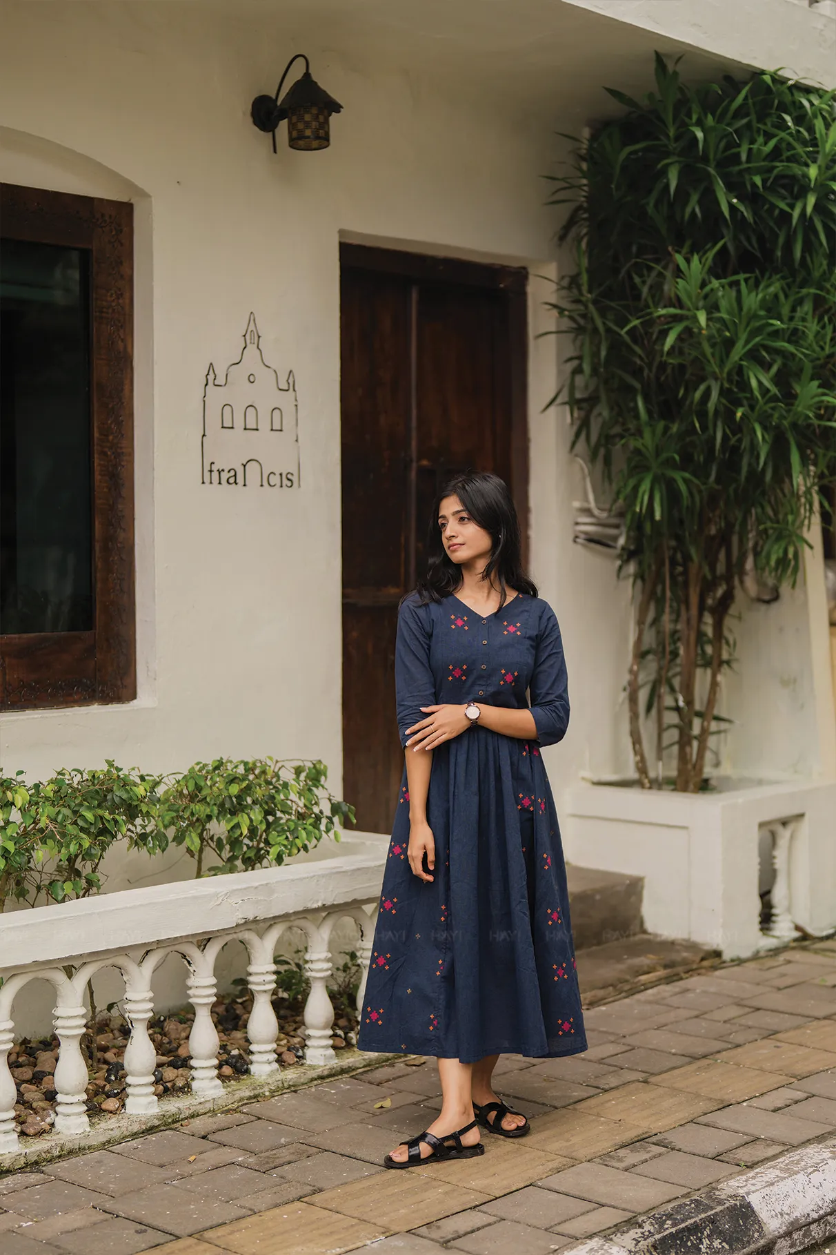 Smoke wood Gray Handloom Dress with V-Neck & Elbow Sleeves Minimalist Layering Contrast-Panel
