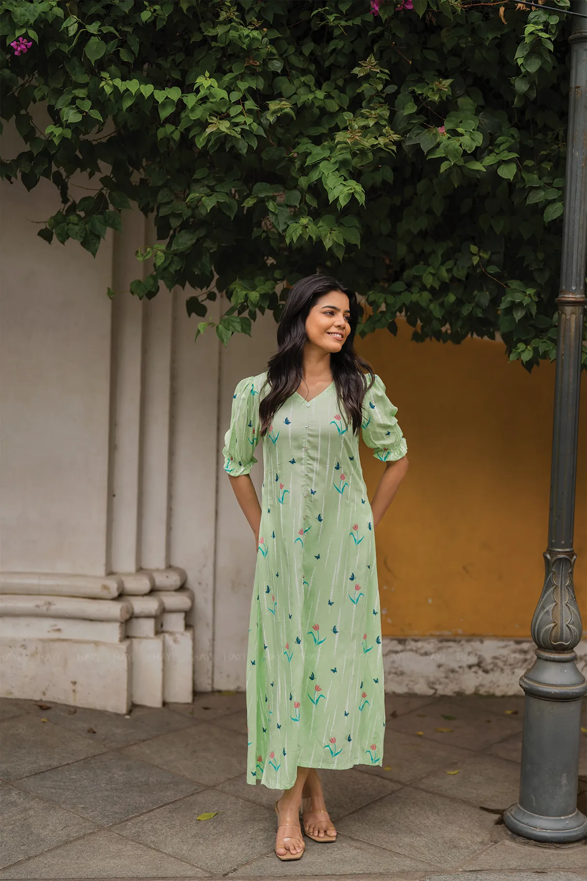 Sage Green with Mint petal printed Viscose A-line Dress Contemporary Look Soft cotton blend dress