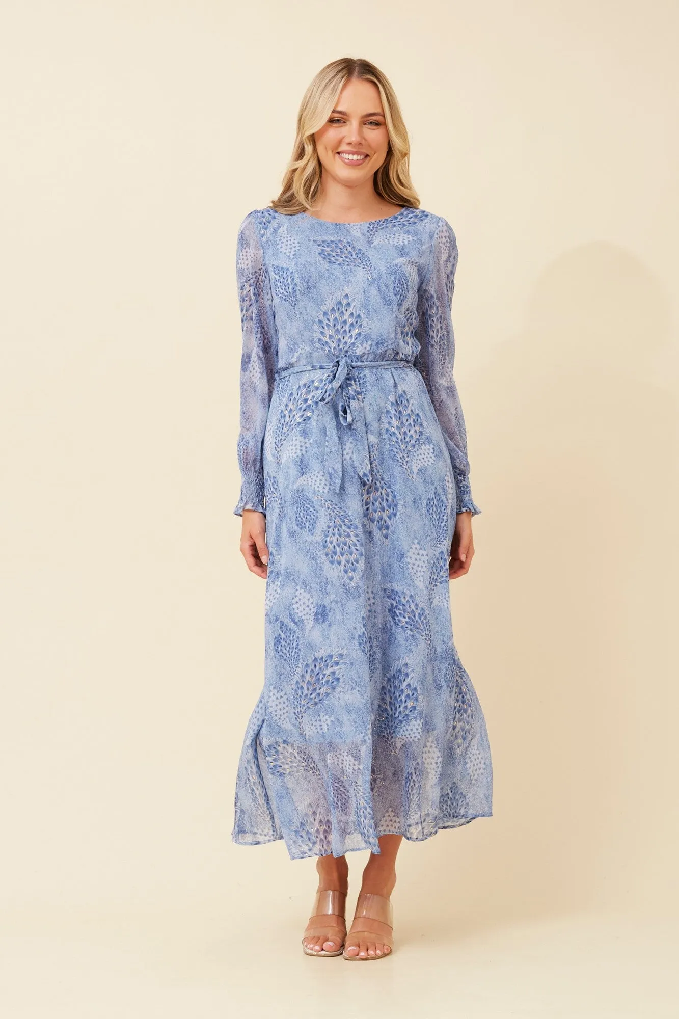 All Season Style PRISCILLA FEATHER PRINT MAXI DRESS