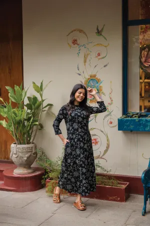 Long Sleeve Pristine Black with Noir Blossom printed Viscose Dress