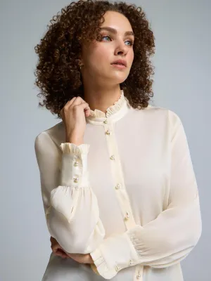 Trendy Look Cozy Sweater Pie Crust Collar Satin Blouse