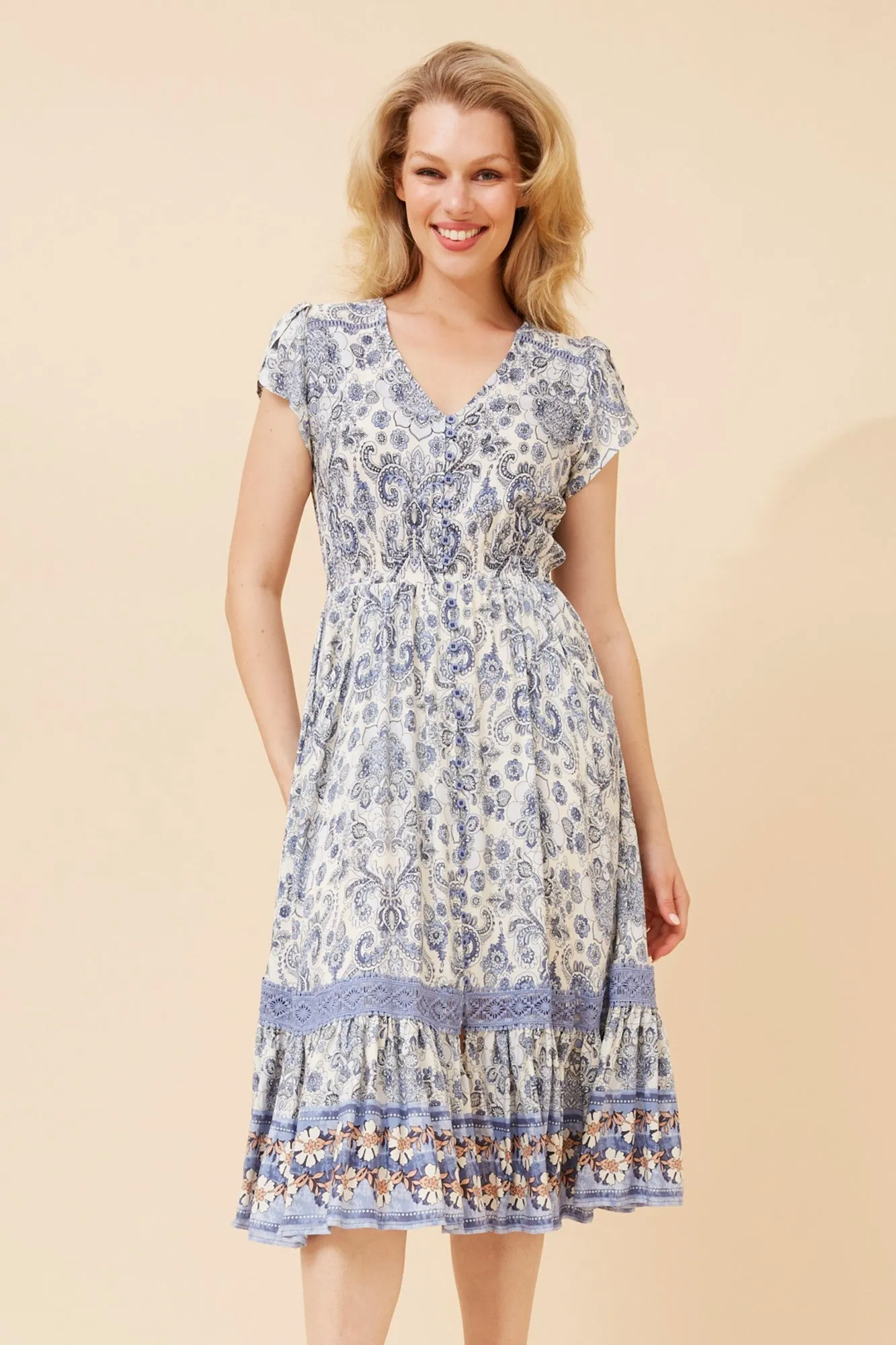 Asymmetrical hem Adjustable Straps MOROCCO BORDER PRINT MIDI DRESS