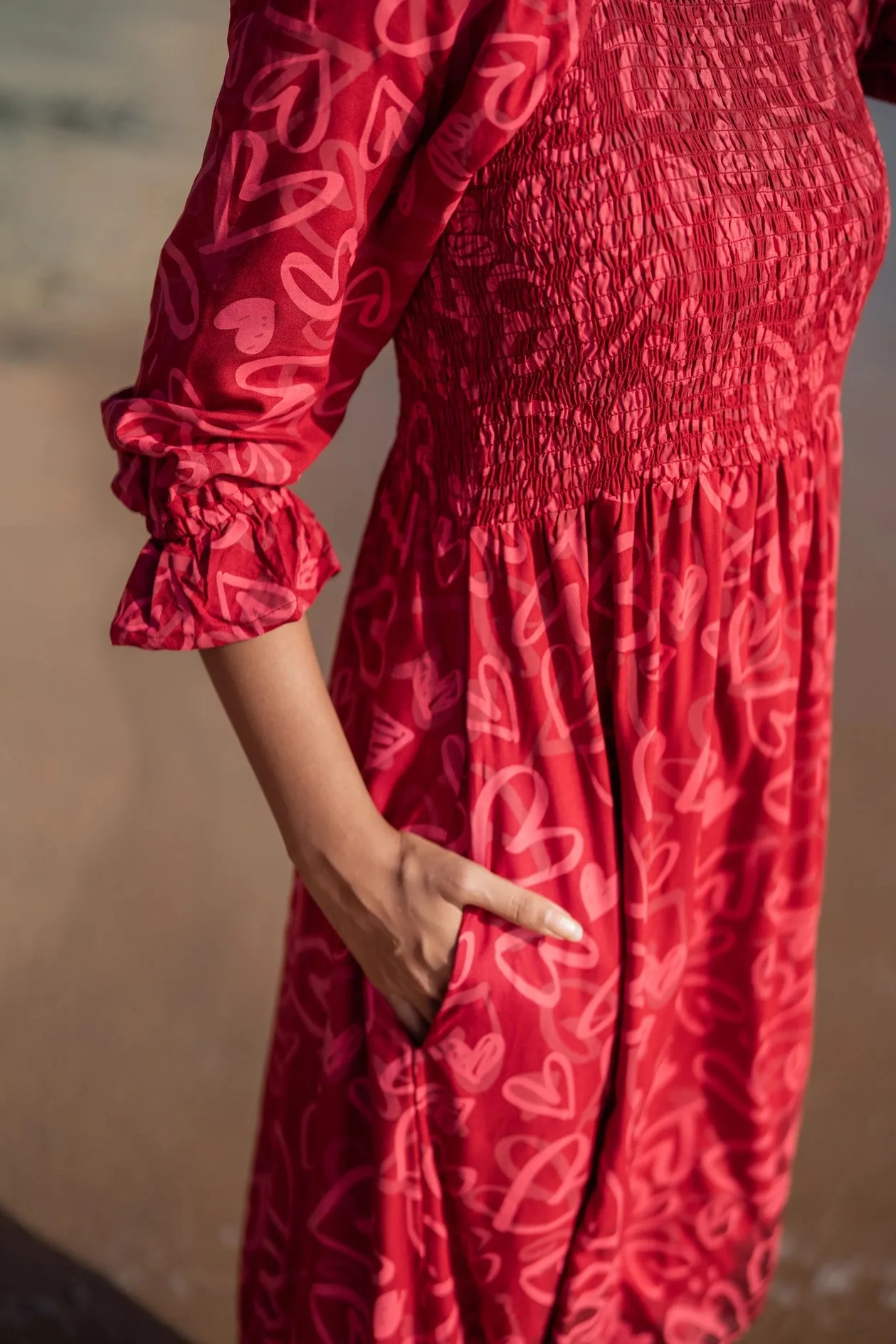 Red Cupids Heart Smock Viscose Printed Dress Spring-Season Stylish Line