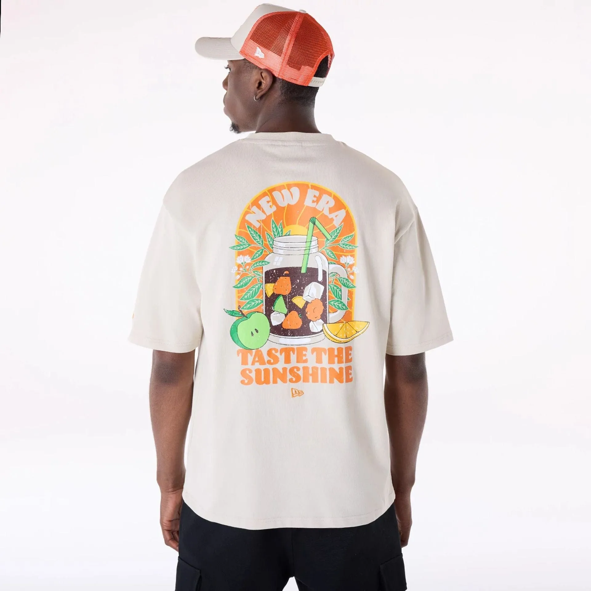 New Era Drink Graphic Cream Oversized T-Shirt Distressed Hem Finish Summer Casual