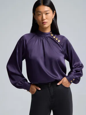 Satin-Like Mock Neck Blouse Romance Fit