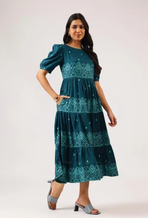 Fiesta Teal Green with Carnival Ikat printed Viscose Dress Fresh Motion Vibe Style
