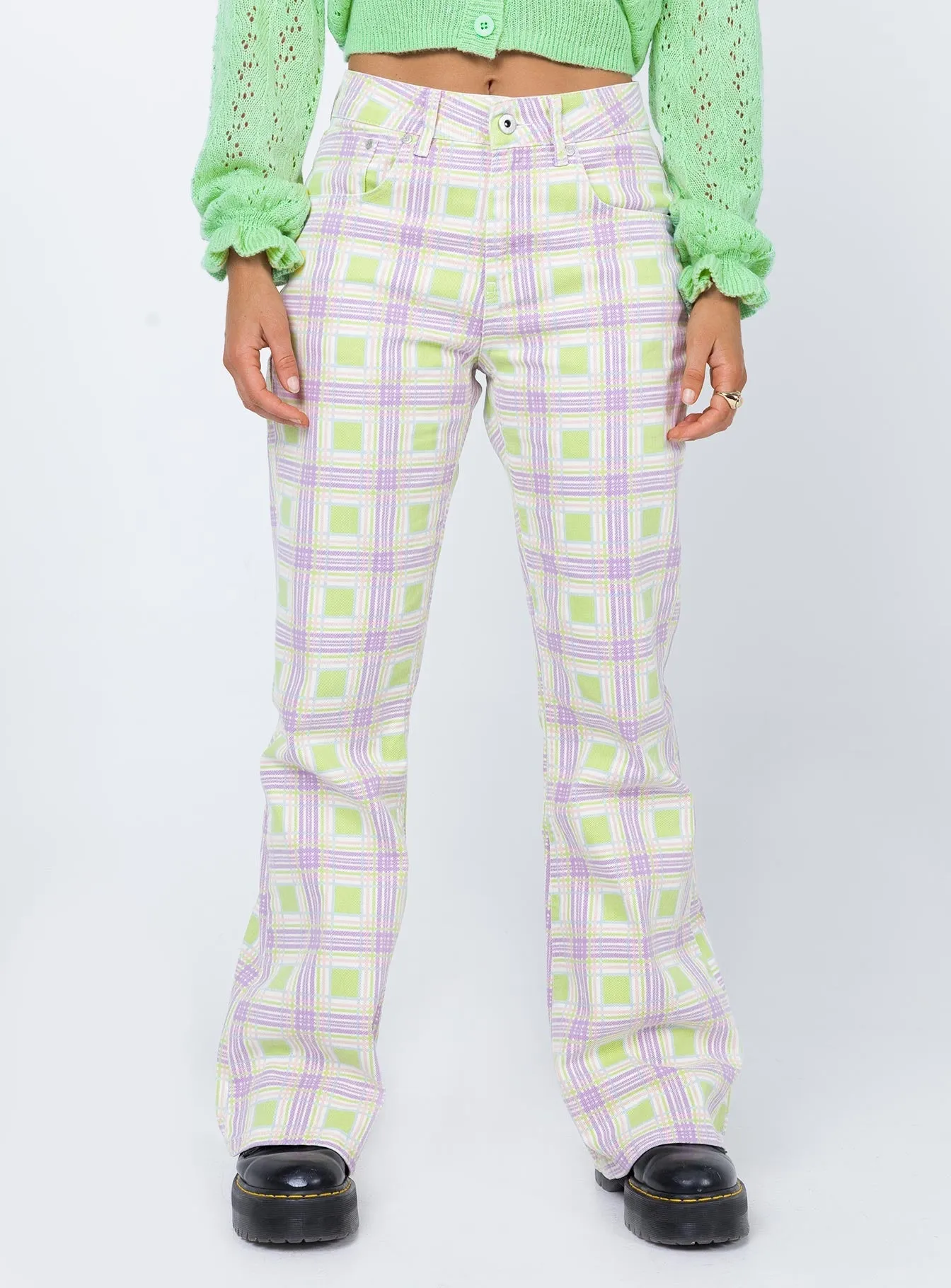 The Ragged Priest Trail Denim Jeans Green Check Loose Smooth Shopping Day