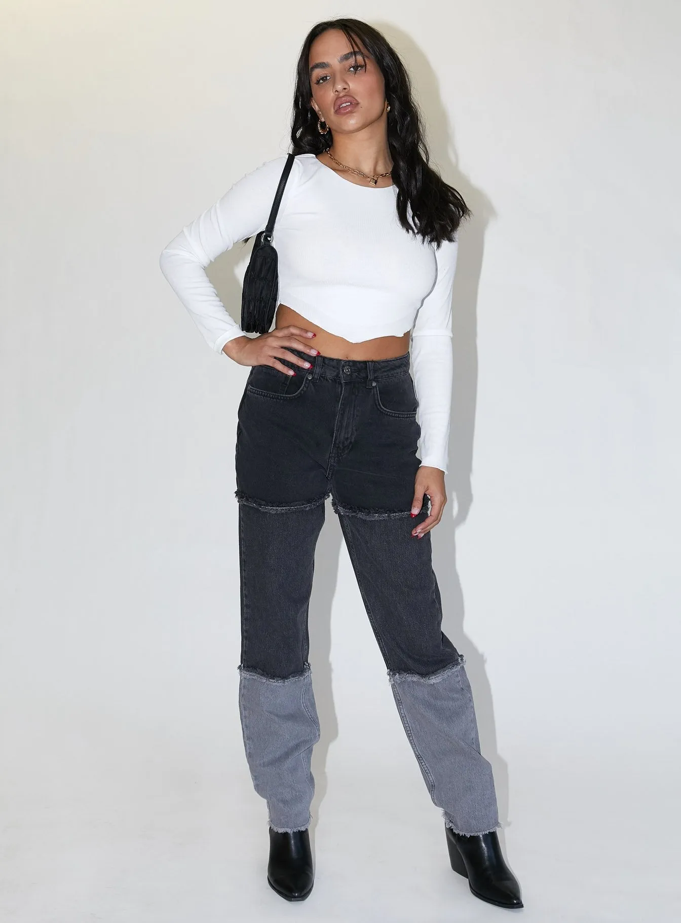 Utility Fit The Ragged Priest 3 Panel Ombre Black Mom Jean w/fray Seams