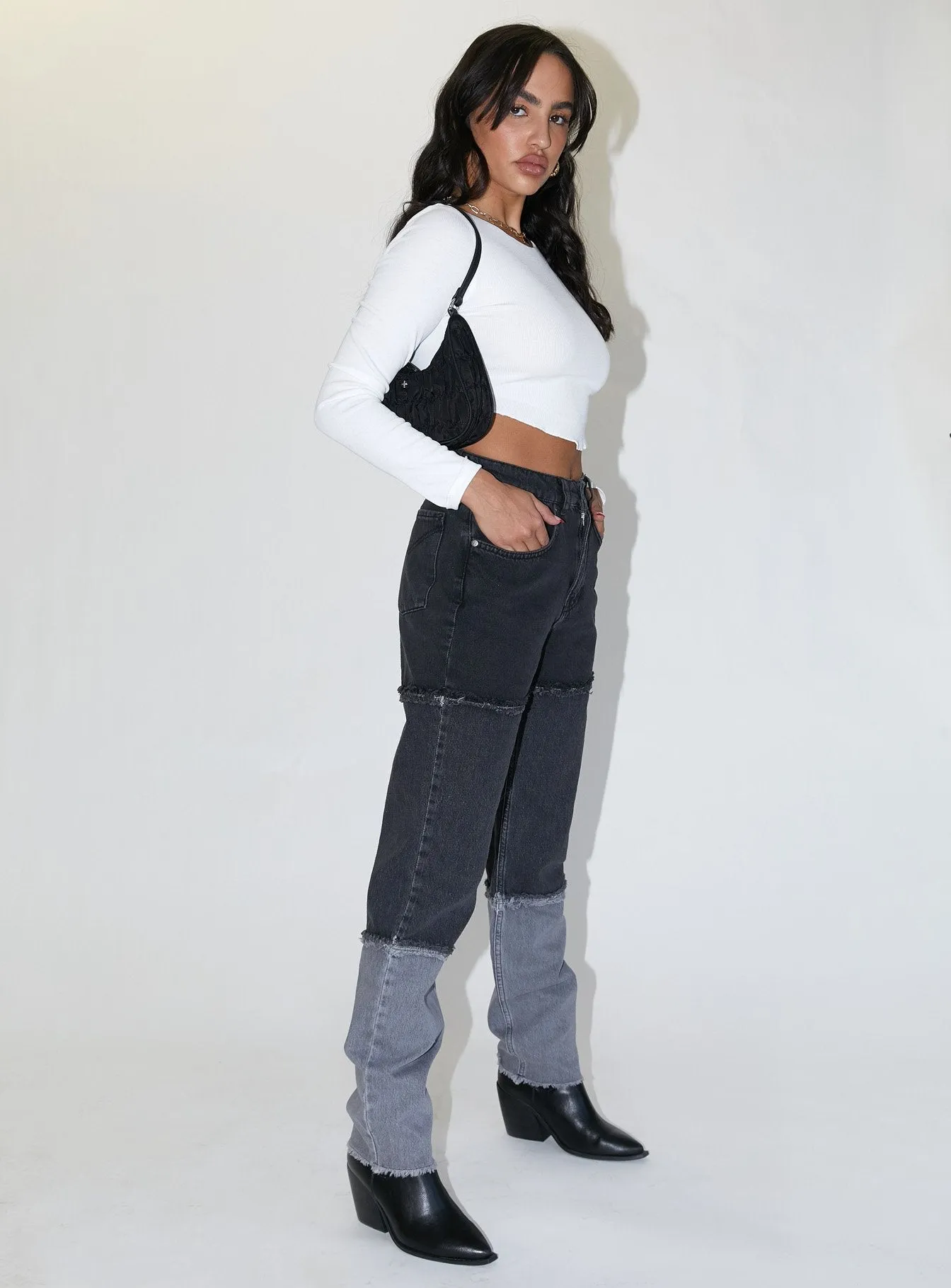 The Ragged Priest 3 Panel Ombre Black Mom Jean w/fray Seams Everyday Basic Relaxed Style Neutral