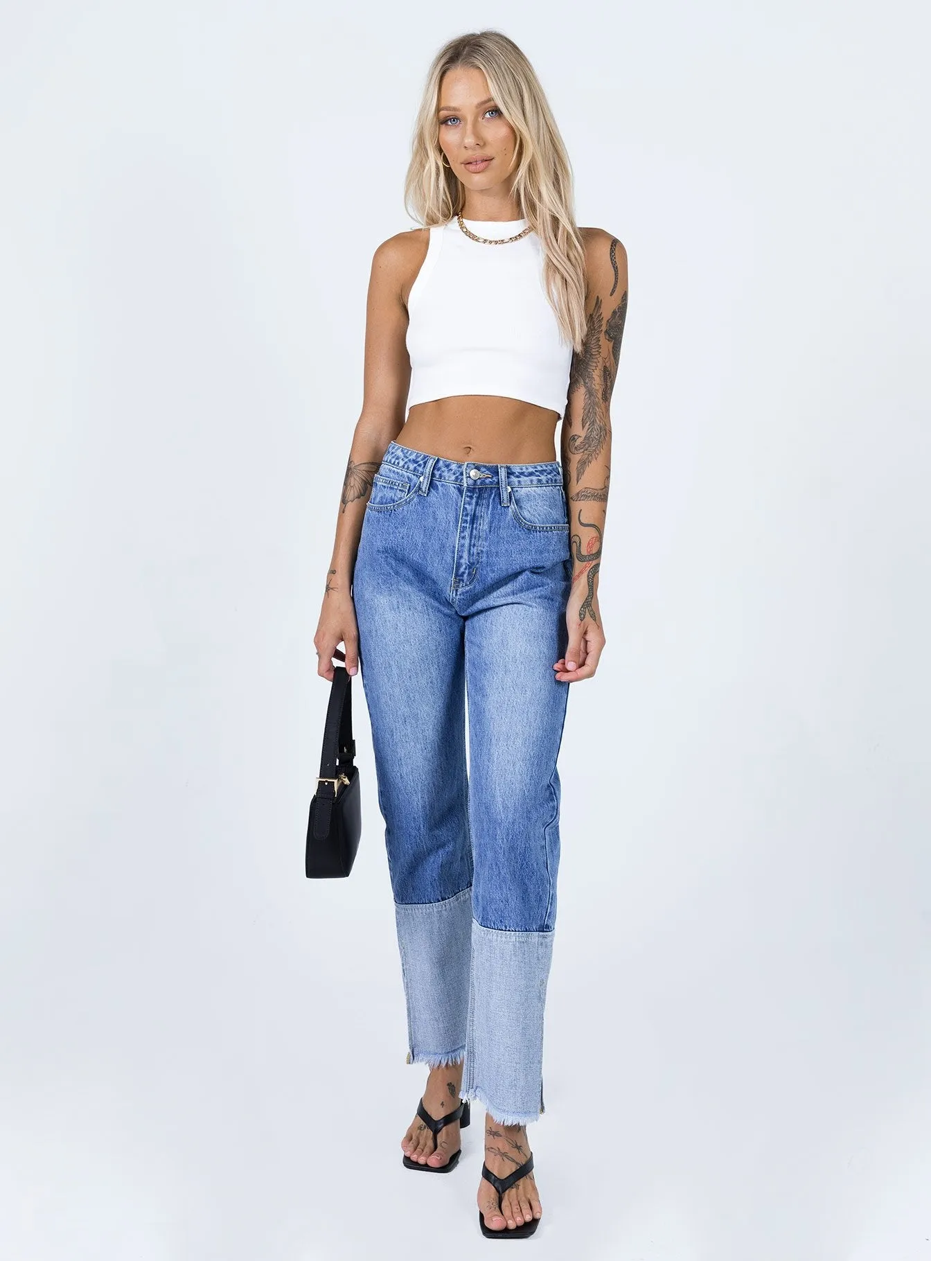 Rhode Straight Leg Spilt Hem Denim Jeans Layered Knee Panels