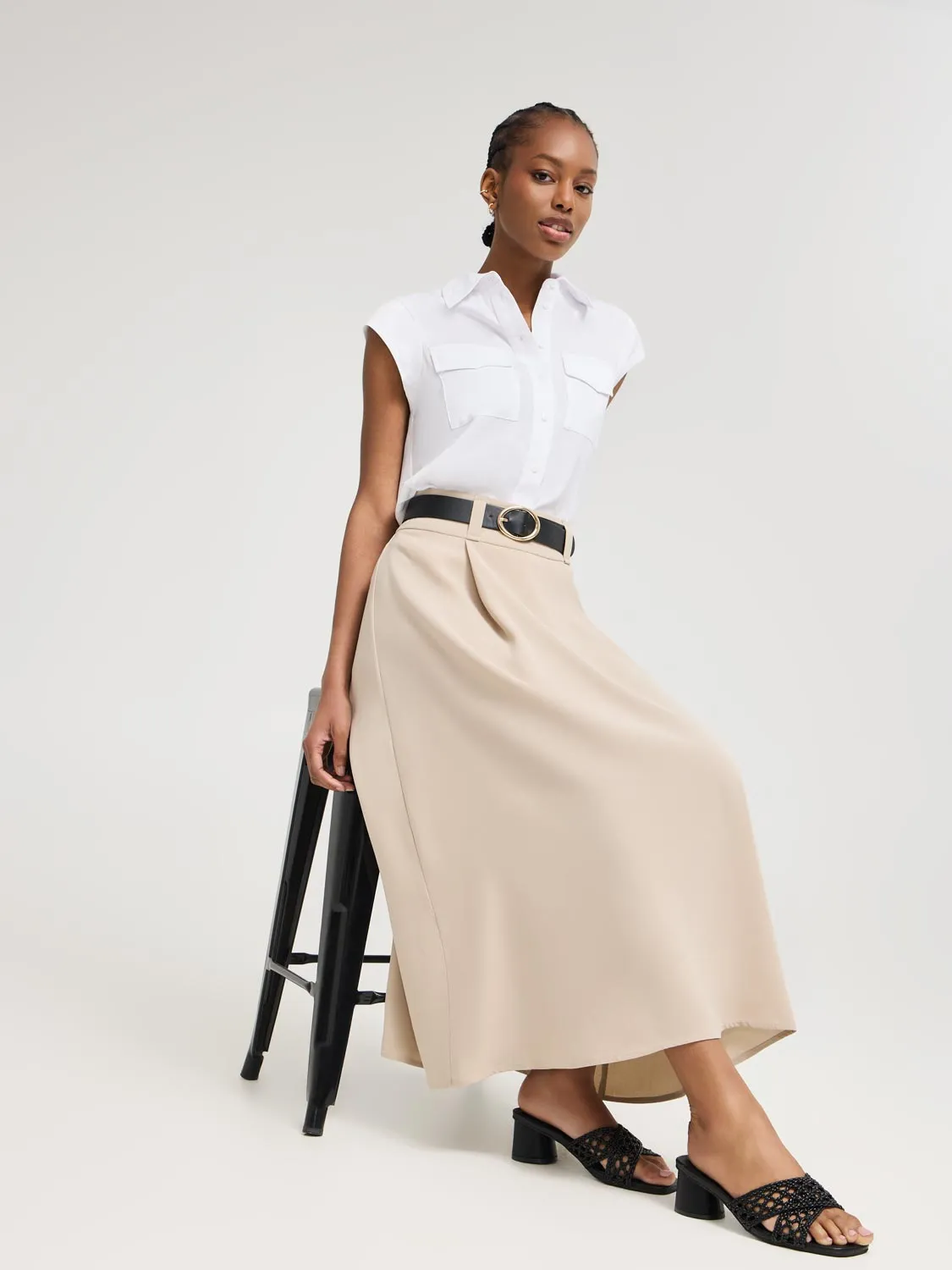 LayeredNeckline Cap Sleeve Button-Front Blouse