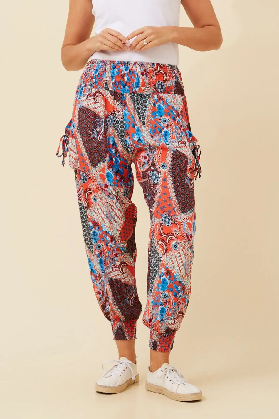 PATCHWORK PRINT HAREM PANTS ReinforcedPockets Premium Stretch