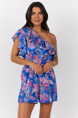 Radiating Beauty Blue Multi One Shoulder Ruffle Romper FINAL SALE Hygienic Finish Casual Footwear