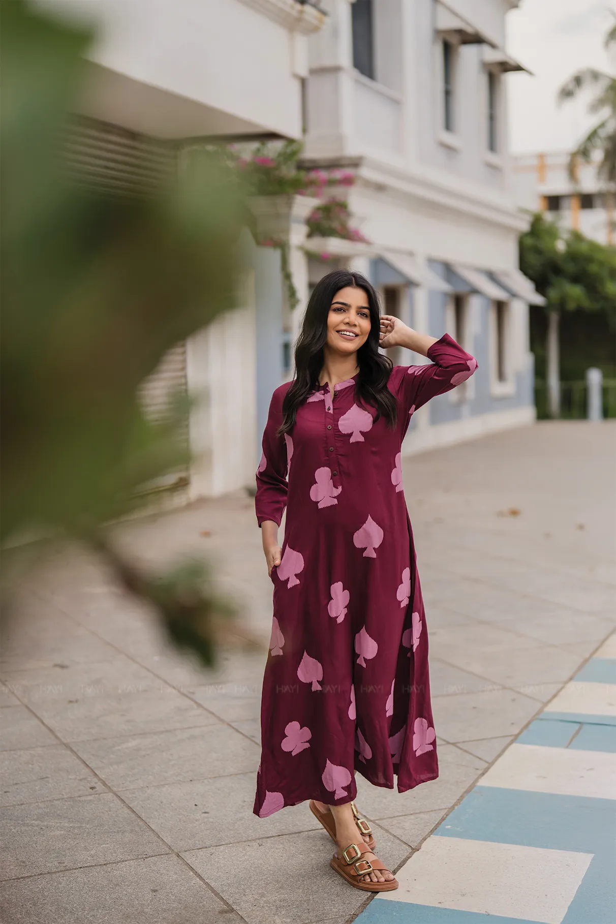 Vibrant Form Sepia Maroon with Autumn Hearts printed Viscose A-line Dress