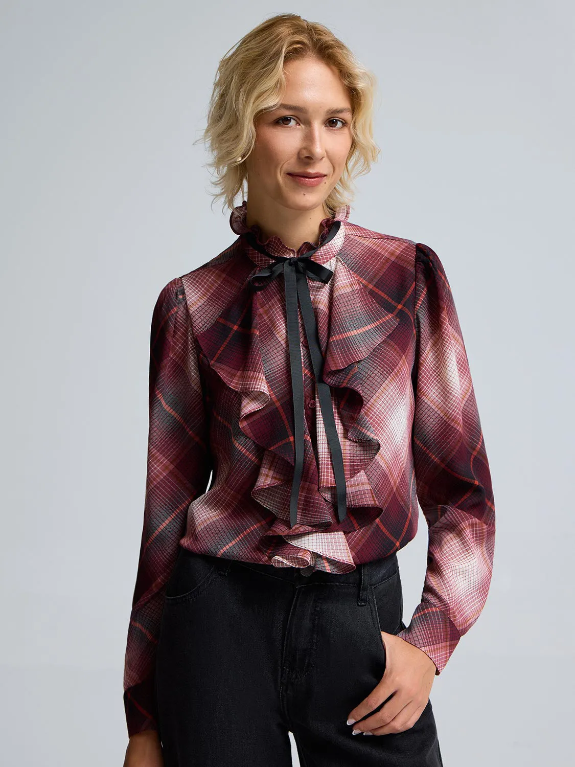 Plaid Ruffle Button-Front Chiffon Blouse Lake Glow