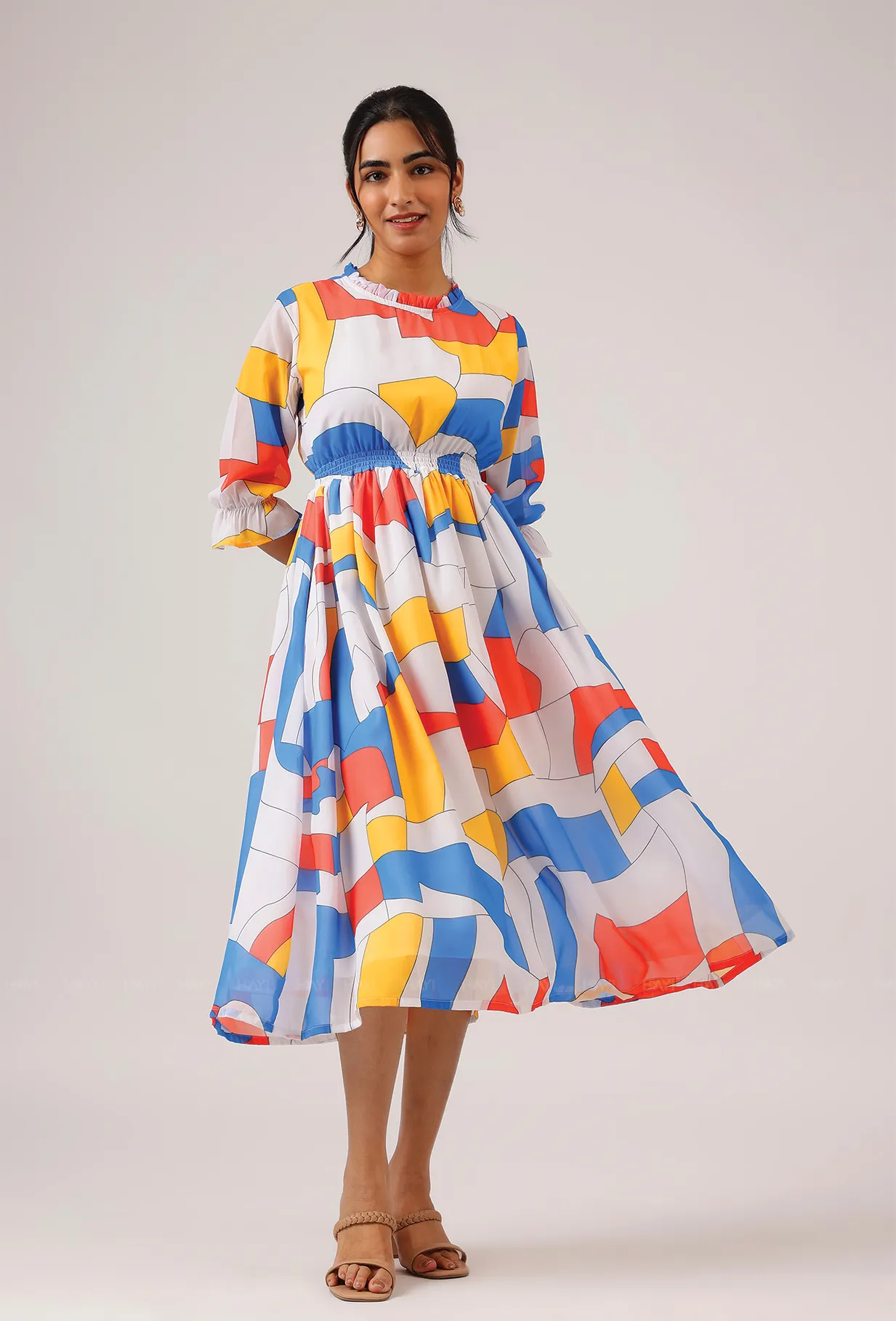 Charming Design Prism White with Cubist Charm printed Lux Georgette Dress