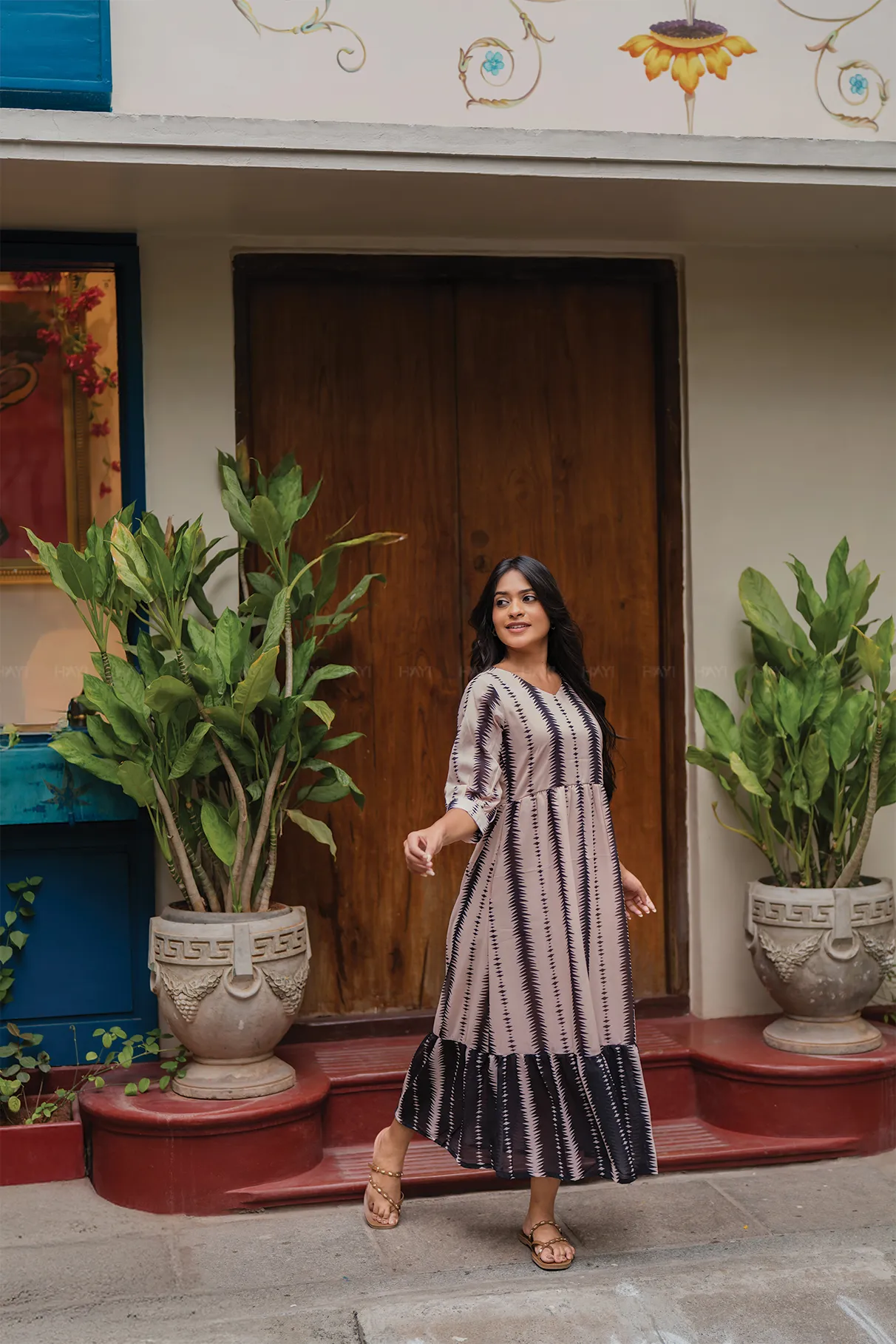 Drawstring-Waist Ivy Beige with Boho Haze printed Lux Georgette Dress