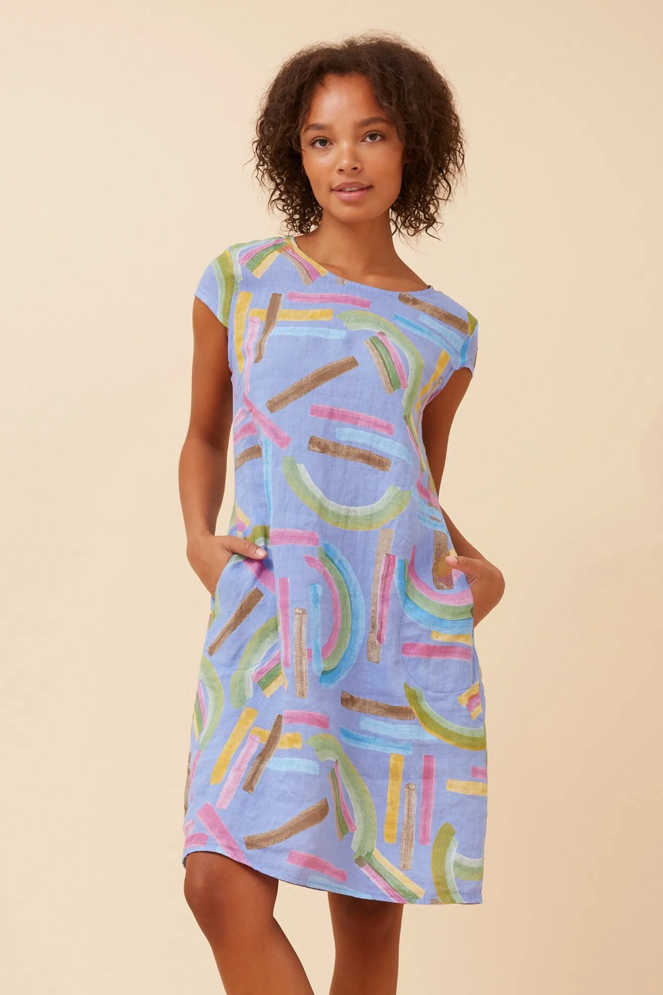 SISLEY ABSTRACT PRINT LINEN DRESS FlatlockSeam