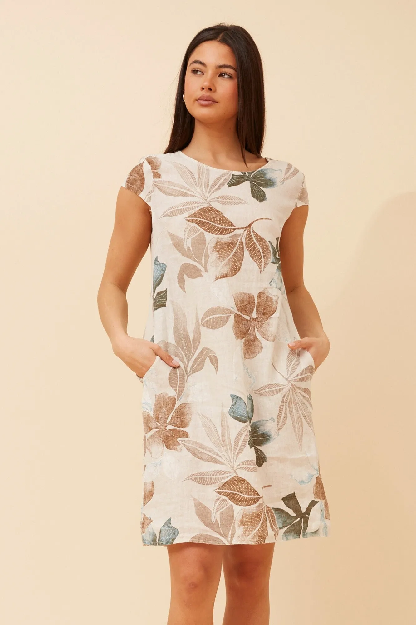 High Hemline breathable fabric dress SISLEY LEAF PRINT LINEN DRESS