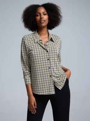 Houndstooth Button-Front Classic Blouse Laid-Back Outfit
